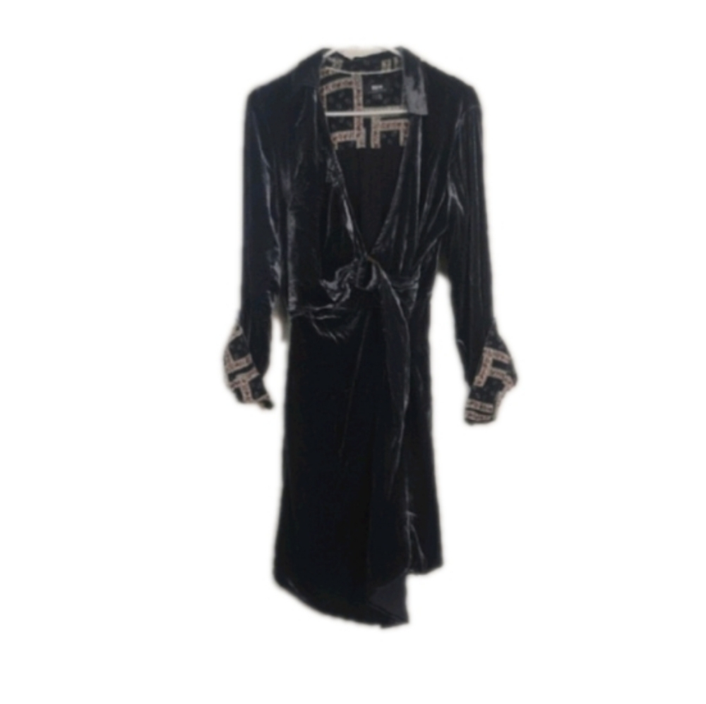 Black Velvet Wrap Dress with Embroidered Cuffs